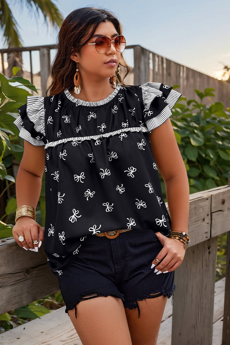 Ruffle Hem Random Bow Print