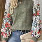 Laurel Green Floral Patchwork Long Sleeve Ribbed Blouse