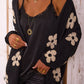 Black Floral Print Knitted Open Front Loose Cardigan