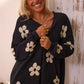 Black Floral Print Knitted Open Front Loose Cardigan