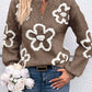 Parchment Contrast Flower Half Zipper Stand Neck Sweater