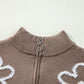 Parchment Contrast Flower Half Zipper Stand Neck Sweater