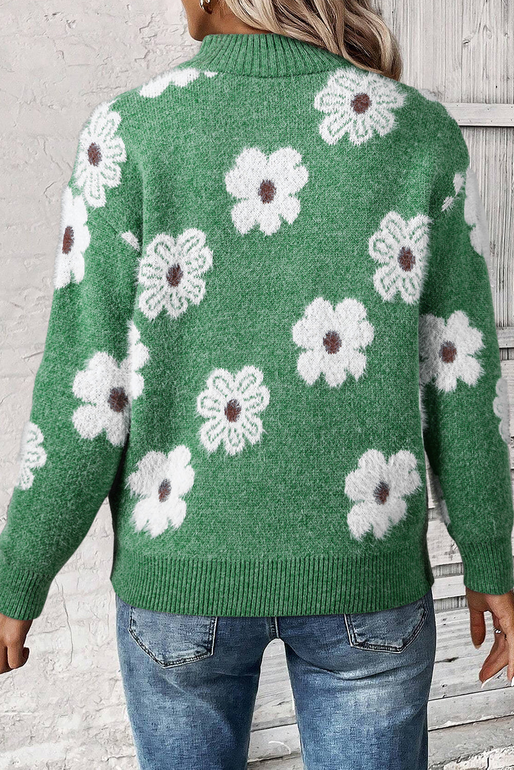 Green Floral Pattern Half Zip Sweater